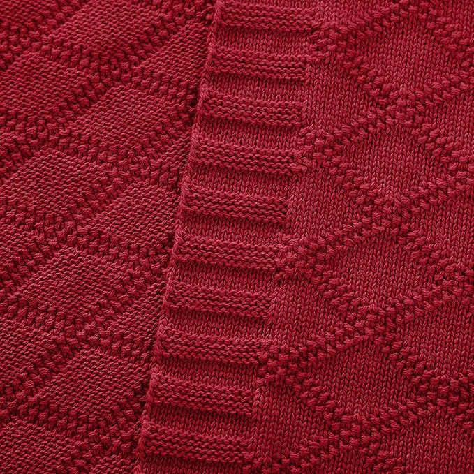 Longhui bedding Cotton Wine Red Cable Knit Throw Blanket for Couch Chairs Bed Beach, Home Decorative Knitted Blanket, 50 x 60 Inch with a Washing Bag,Silk Bow Tie Package