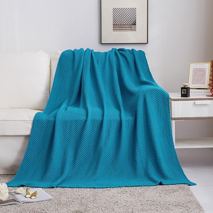Longhui bedding Teal Knitted Throw Blanket for Couch, Soft, Cozy Machine Washable 100% Cotton Sofa Knit Blankets, Heavy 4.0lb Weight, 60 x 80 Inches, Teal Color.