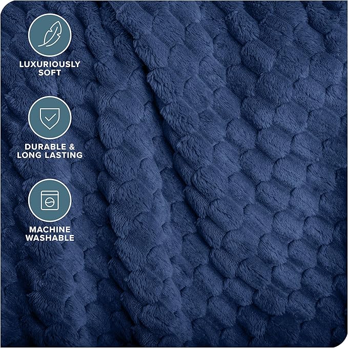 Bare Home Textured Fleece Microplush Blanket - King - Lightweight Throw for Bed, Sofa, Couch, Movie Night, Camping, and Travel - Ultra Soft Warm Blanket (King, Waffle Dark Blue)
