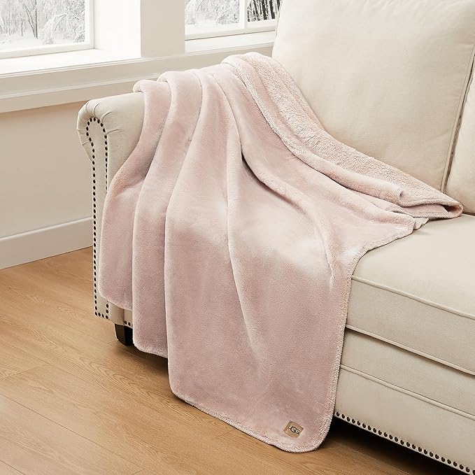 UGG Whitecap Plush Throw Blanket Fleece Lightweight Soft Cozy Throw for Couch Luxury Home Decor for Living Room Machine Washable Hypoallergenic Flannel Blankets, 50-inch x 70-inch, Light Pink Quartz