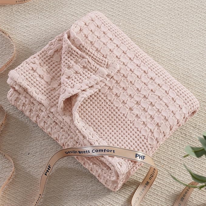 PHF 100% Cotton Waffle Weave Throw Blanket, Soft Lightweight Breathable Cozy Summer Throws for Couch Bed Sofa, Luxury Aesthetic Woven Blanket for Home Decor & Office, 50"x60", Pink/Mauve