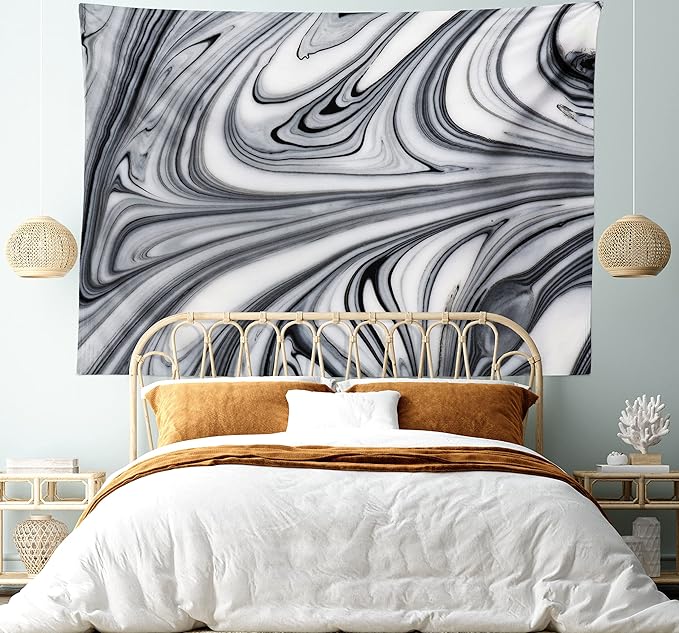 Ambesonne Abstract Tapestry, Mix of White and Black Hallucinatory and Surreal Liquid Marble Graphic Art, Wide Wall Hanging for Bedroom Living Room Dorm, 80" X 60", Grey