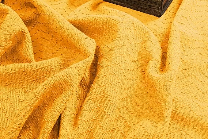 BELIZZI Home 100% Cotton Bed Blanket, Breathable Thermal Blanket King Size, Soft Chevron Thermal Blanket 90"x102", Cotton Bed Blanket, Perfect for Layering Any Bed for All Season, Mustard Yellow