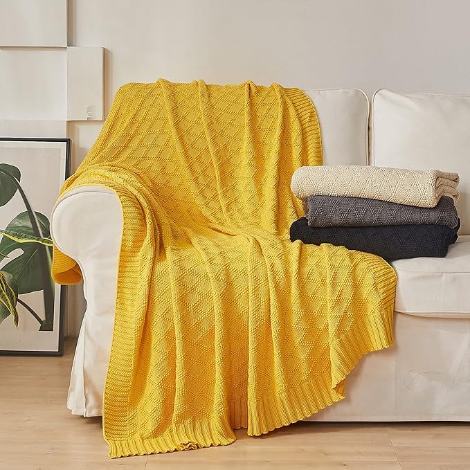 Cotton Lemon Yellow Knit Throw Blanket for Couch Sofa Beach Chair Bed Home Decorative Soft Warm Cozy Cable Lightweight Knitted Blankets,2.2 pounds 50 x 60 Inch with Bonus Laundering Bag