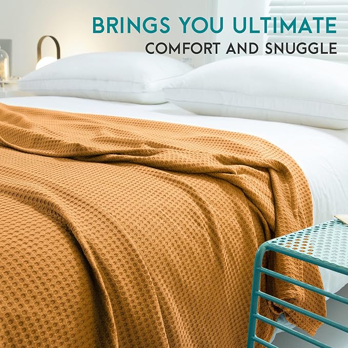 AmyHomie Cooling Blanket King Size, 100% Rayon Derived from Bamboo Waffle Blanket, Cool Summer Blanket for Hot Sleepers Soft Comfy Lightweight Blankets for All Seasons (Orange Yellow, 108×90in)
