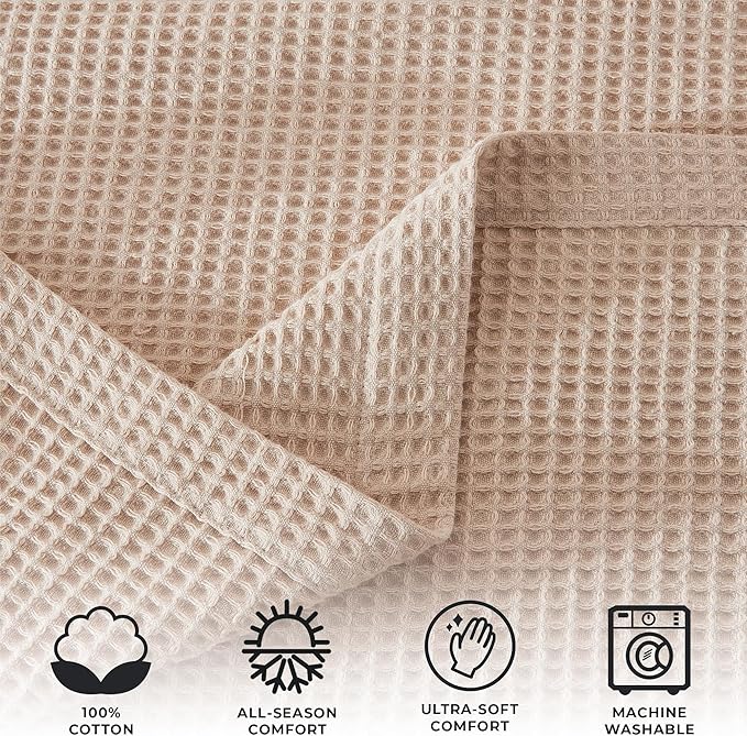 100% Cotton Waffle Weave Throw Blanket - Taupe Waffle Weave Lightweight Summer Throw Blanket - 50x60in Prewashed Breathable, Woven Throw for Couch, Bed or Office (Taupe)
