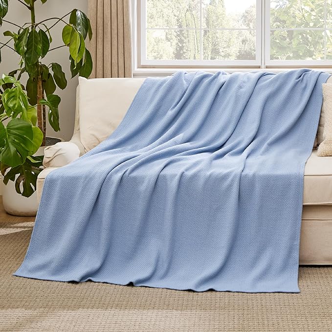 Bedsure 100% Cotton Large Throw Blanket for Couch 50x70 inches - Breathable and Lightweight, Soft Cozy Herringbone Woven Blanket for Summer Spring, Ashley Blue