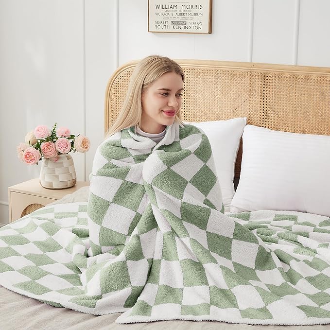 JOOJA Soft Blanket Cozy Checkerboard Sage Bed Blanket Fluffy Knit Throw Blanket Queen Size Plaid Checkered Blanket Sage 90x90 in