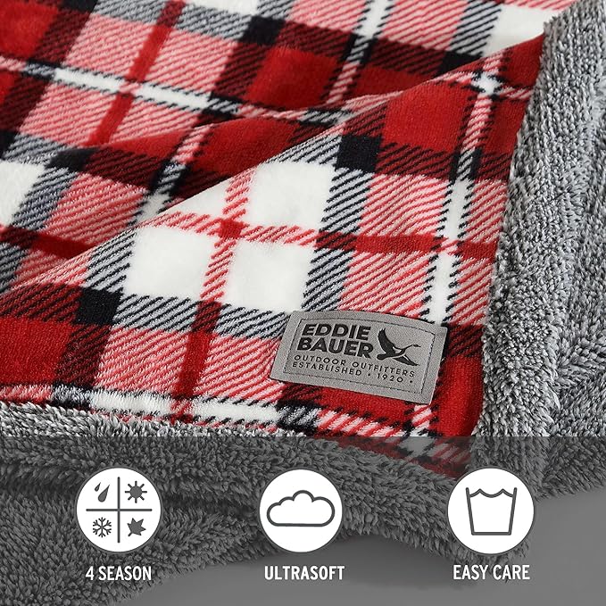 Eddie Bauer - Throw Blanket, Reversible Sherpa Plush Bedding, Plaid Home Decor, Oeko-Tex Certified (Parkwood Plaid Red, Throw)