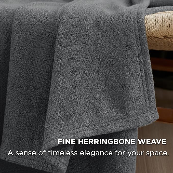 Bedsure 100% Cotton Blanket Queen Size for Bed - Breathable and Lightweight, Soft Cozy Textured Herringbone Woven Blanket for Summer, Dark Grey, 90x90 inches