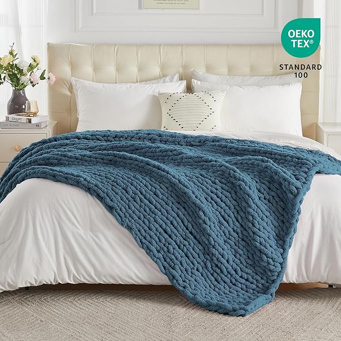 Carriediosa Chunky Knit Throw Blanket 60" X 80" Twin, 100% Hand Made Large Chenille Loop Yarn Soft Fluffy Throws for Couch Sofa Bed, Big Crochet Cozy Heavy Thick Cable Woven Blankets, Lyons Blue