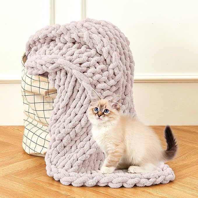 Admitrack Chunky Knit Blanket Throw, 100% Hand Knit Chenille Throw Blanket for Sofa & Home Decor, Soft and Cozy Knitted Throw Blankets (Pink,51"x63")