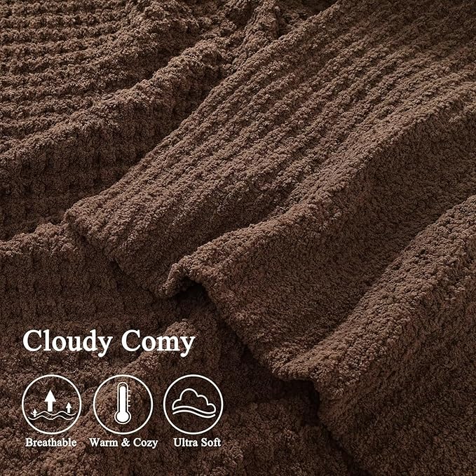 PHF Chenille Waffle Knit Blanket Twin Size- Plush Warm & Cozy 60" x 80" Ultra Soft Blanket- Chunky Fluffy Waffle Bedding for Home Decor - Cocoa Brown