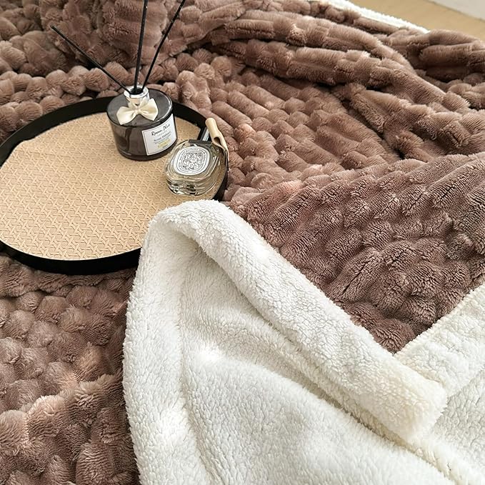 UKELER Sherpa Bed Blanket 80 × 90 inch, Ultra Soft Queen Size Throw Blankets for All Season, 470 GSM Cozy Plush Striped Fleece Blanket for Bedroom Living Room Dorm Hostel Sofa Camping, Coffee