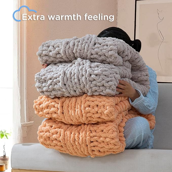 Chunky Knit Blanket Throw - 100% Hand Knitted Chunky Throw Blanket for Couch, Thick and Warm Blanket for Winter, Light Yellow, 50x60 Inches