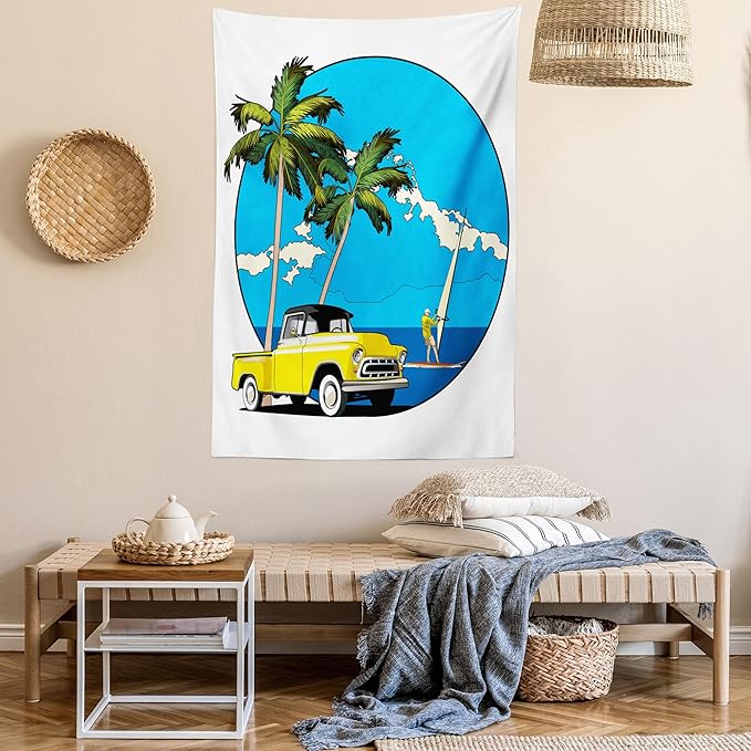 Ambesonne Retro Tapestry Queen Size, Graphic Design Nostalgic Chevy Car a Sailer Guy in the Ocean Palms Vivid Sky Seaside, Wall Hanging Bedspread Bed Cover Wall Decor, 88" X 88", White Blue