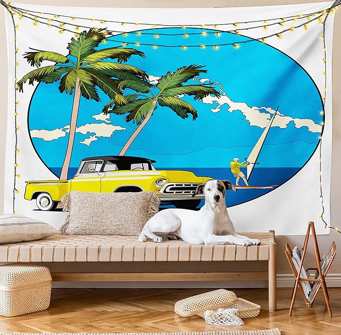 Ambesonne Retro Tapestry, Graphic Design Nostalgic Chevy Car a Sailer Guy in the Ocean Palms Vivid Sky Seaside, Wall Hanging for Bedroom Living Room Dorm Decor, 40" X 60", White Blue
