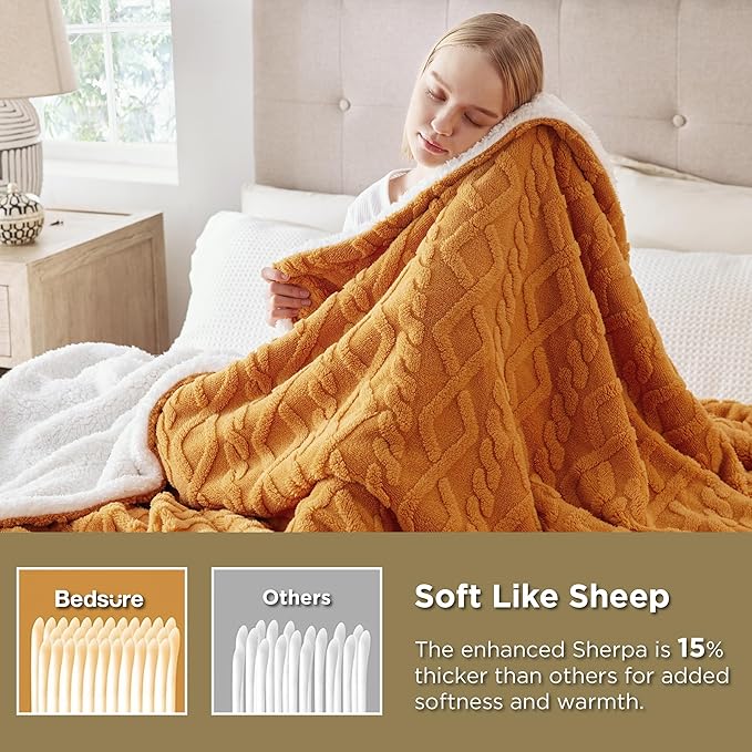Bedsure Sherpa King Size Blanket for Bed- Fleece Soft Cozy Fuzzy Cable Blankets for Women, Thick Warm for Winter and All Seasons, Yellow, 108x90 Inches