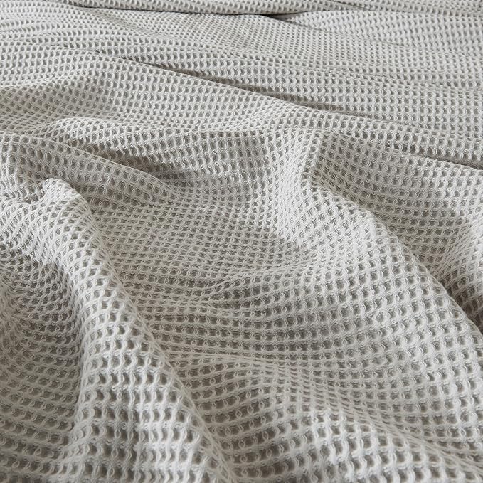100% Cotton Blanket for King Size Bed - Grey Waffle Weave Lightweight Summer Bed Blanket - 102x90in Prewashed Breathable, Woven, Layering Blanket (King, Light Grey)