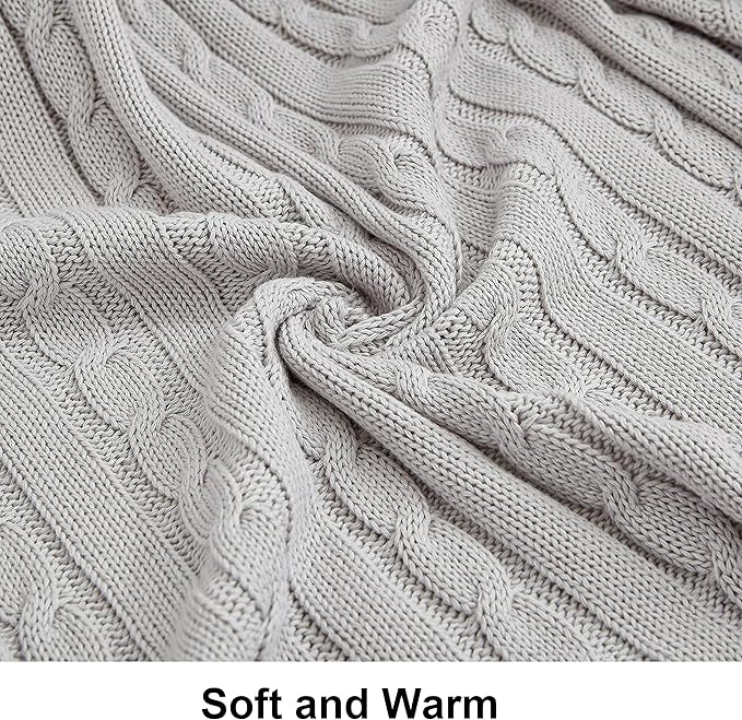 NTBAY 100% Pure Cotton Oversize (60x80) Cable Knit Throw Blanket, Super Soft Warm Knitted Throw Blanket for Bed, Sofa, Chair, Couch - Extra Cozy, Machine Washable, Comfortable Home Decor, Silver Grey