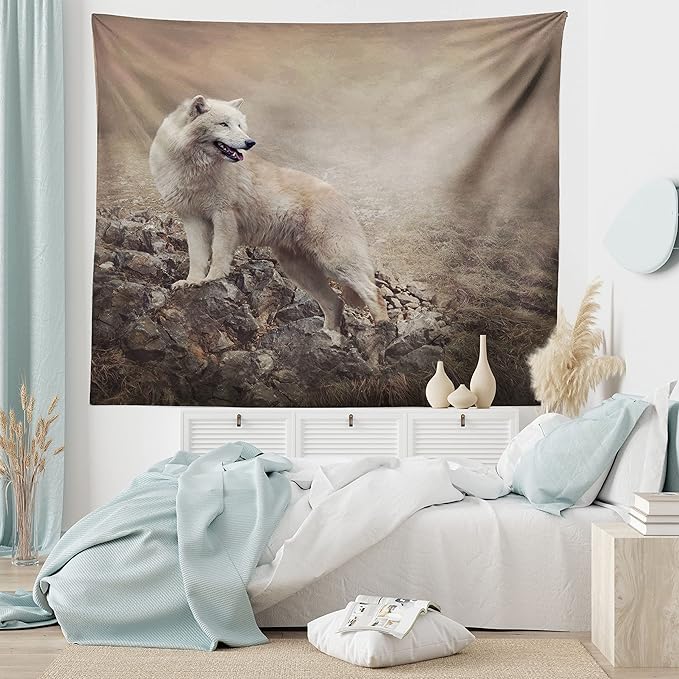 Ambesonne Animal Tapestry Queen Size, White Wolf on Rocks at The Night Misty Weather Wildlife Nature Scenery Print, Wall Hanging Bedspread Bed Cover Wall Decor, Queen Size, Warm Taupe