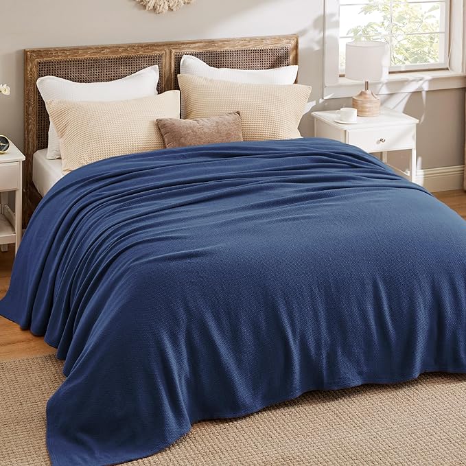 Bedsure 100% Cotton Blanket King Size for Bed - Breathable and Lightweight, Soft Cozy Textured Herringbone Woven Blanket for Summer Spring, Navy Blue, 108x90 inches