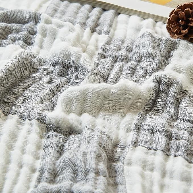EMME Checkered Throw Blanket Cotton for Couch Soft Muslin Blankets 50"x60" Lightweight Breathable Cooling Soft All Season Gauze, Grey