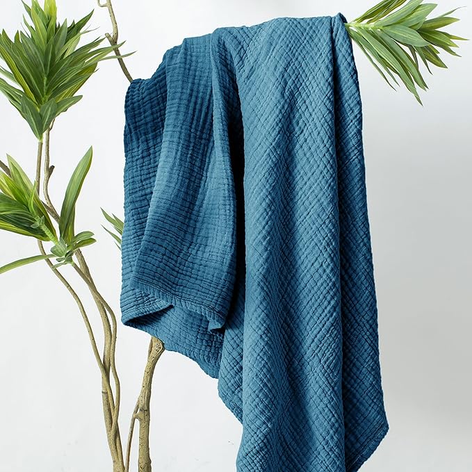Carriediosa 100% Cotton Muslin Throw Blanket 108" X 90" King Size,4-Layers Summer Gauze Throws for Bed Couch,Soft Lightweight Breathable Linen Blankets Bedspread for Adults All Season,Dusty Blue