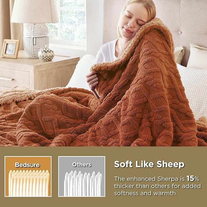 Bedsure Sherpa Fleece Blanket Twin Size for Bed - Fuzzy Soft Cozy Cable Throw for Couch, Thick Warm Blankets for Winter, Orange, 60x80 Inches