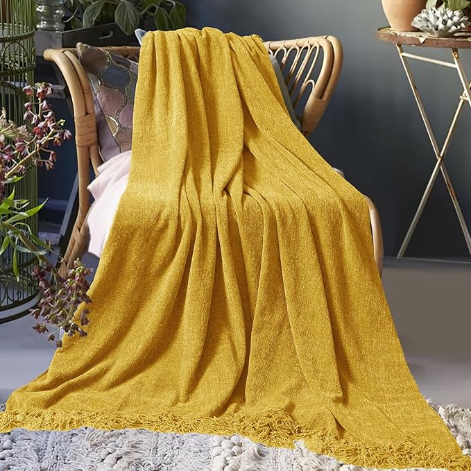 Chenille Throw Blanket for Couch 50"X 60", Soft Cozy Throws with Fringe Tassel for Bed Sofa Chair, Lightweight Knitted Decorative Farmhouse Boho Blankets for Gift, Yellow