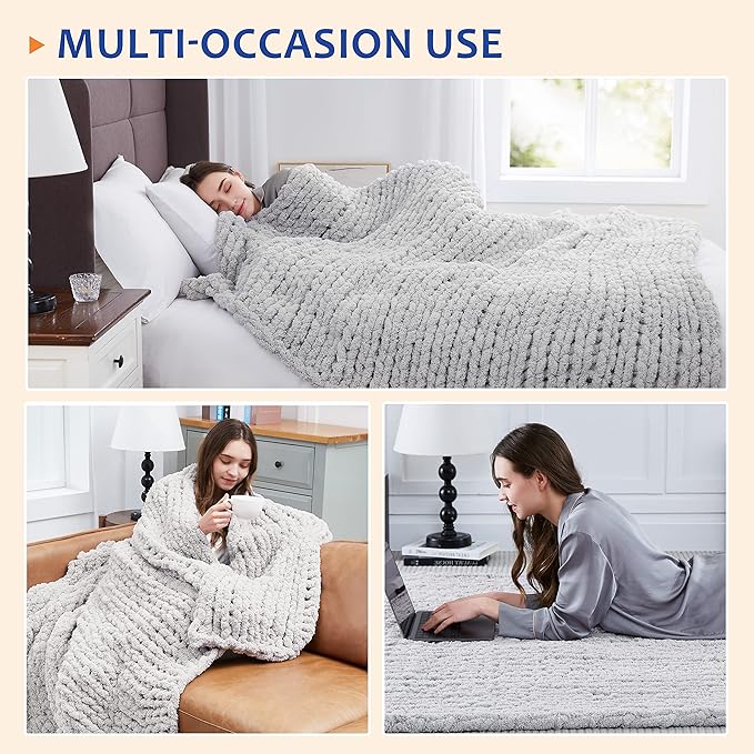 L'AGRATY Chunky Knit Blanket Throw - Soft Chenille Yarn Throw Blanket 40x50: Handmade Thick Cable Knit Crochet Blanke - Large Knit Blanket Chunky Rope Knot Throw Blanket for Couch Sofa Bed Home Decor