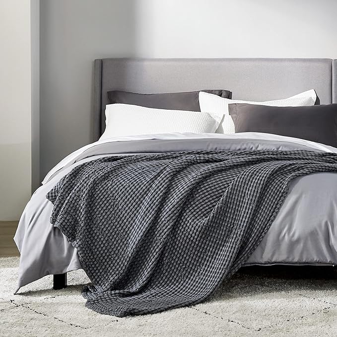 Bedsure Cooling Cotton Waffle Full Size Blanket - Lightweight Breathable Blanket of Rayon Derived from Bamboo for Hot Sleepers, Luxury Throws for Bed, Couch and Sofa, Dark Grey, 80x90 Inches