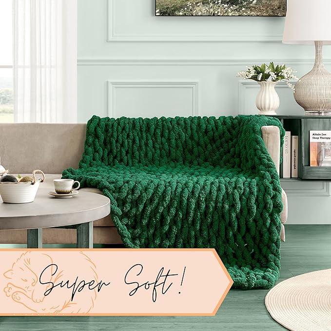 Adyrescia Chunky Knit Blanket Throw | 100% Hand Knit with Jumbo Chenille Yarn (50"x60", Forest Green)
