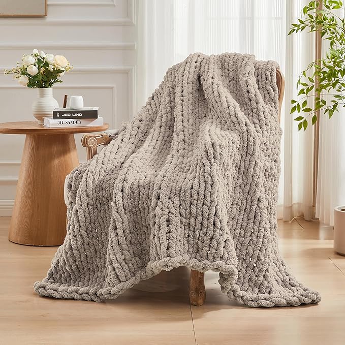 Carriediosa Chunky Knit Throw Blanket 60" X 80" Twin, 100% Hand Made Large Chenille Loop Yarn Soft Fluffy Throws for Couch Sofa Bed, Big Crochet Cozy Heavy Thick Cable Woven Blankets, Taupe