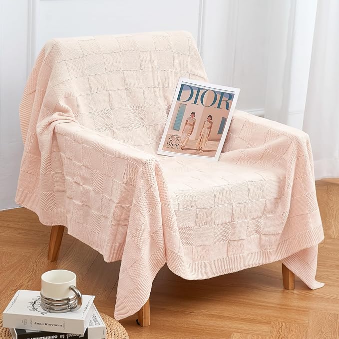 Aganear Knit Throw Blanket for Couch, Checkered Cable Knitted Throw Blanket for All Seasons, Soft Cozy Lightweight Knit Blanket for Bed Office Travel Boho Pink Decor (50"x60", Cream)