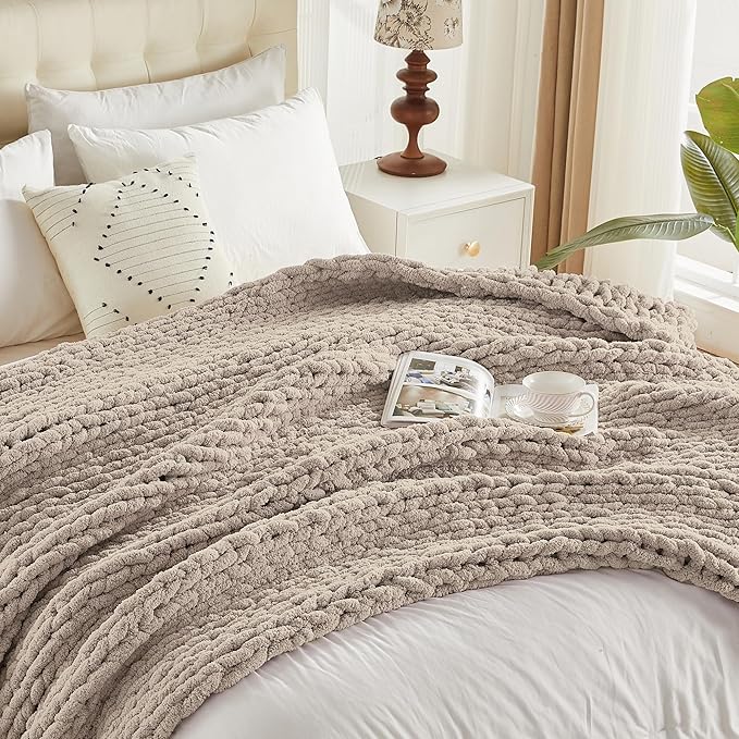 Carriediosa Chunky Knit Throw Blanket 60" X 80" Twin, 100% Hand Made Large Chenille Loop Yarn Soft Fluffy Throws for Couch Sofa Bed, Big Crochet Cozy Heavy Thick Cable Woven Blankets, Taupe
