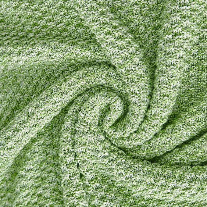 Longhui bedding Grass Green Knitted Throw Blanket for Couch - Soft, Cozy Machine Washable 100% Cotton Sofa Knit Blankets, Heavy 3.0lb Weight, 51 x 63 Inches,Grass Green and White Color.