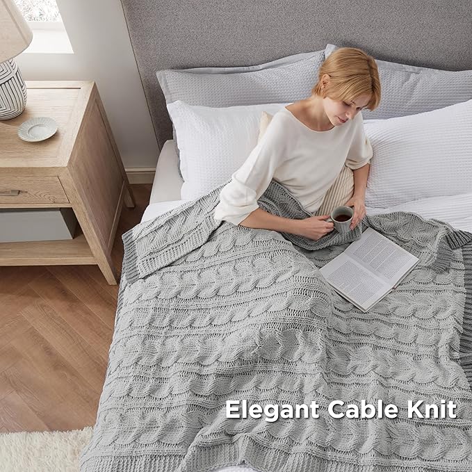 Bedsure Cable Knit Twin Blanket for Couch Bed - Chenille Chunky Knit Twin Blanket for Winter and All Seasons, Soft Cozy and Warm, Grey, 60x80 Inches