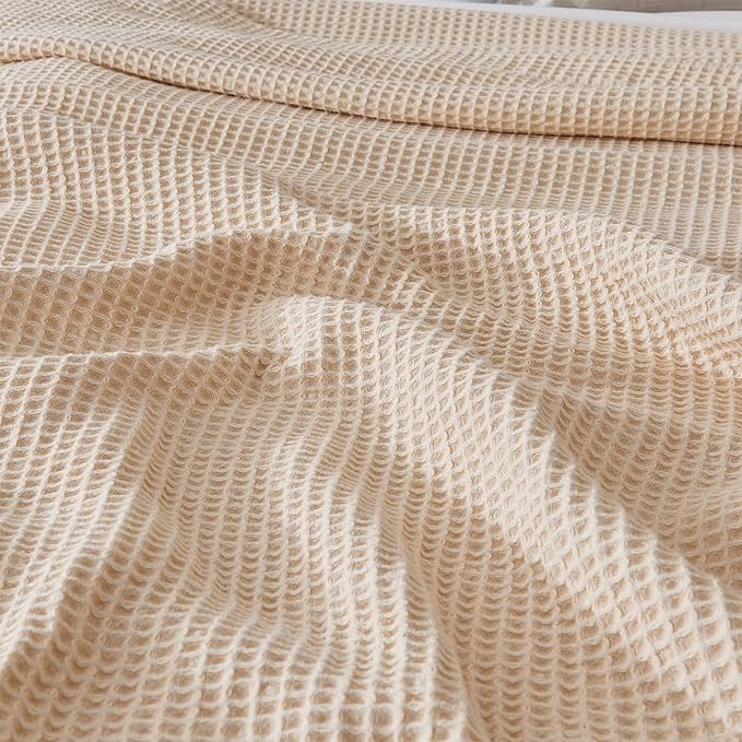 100% Cotton Blanket for Full Queen Size Bed - Taupe Waffle Weave Lightweight Summer Bed Blanket - 90x90in Prewashed Breathable, Woven, Layering Blanket (Full/Queen, Taupe)