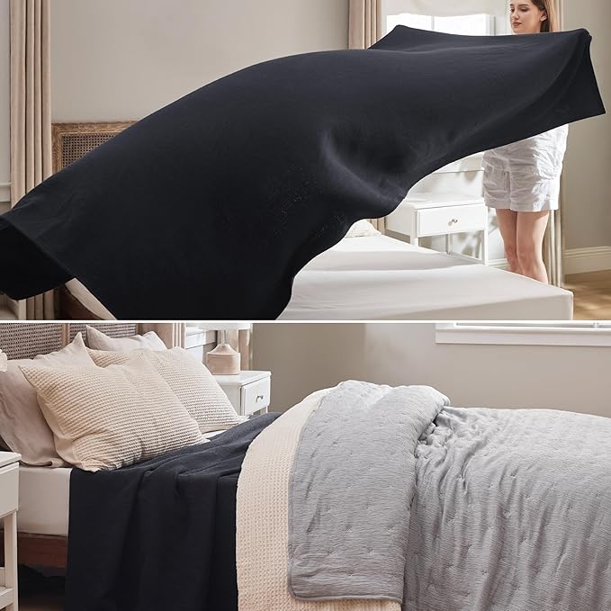 Bedsure 100% Cotton Blanket Queen Size for Bed - Breathable and Lightweight, Soft Cozy Textured Herringbone Woven Blanket for Summer Spring, Black, 90x90 inches