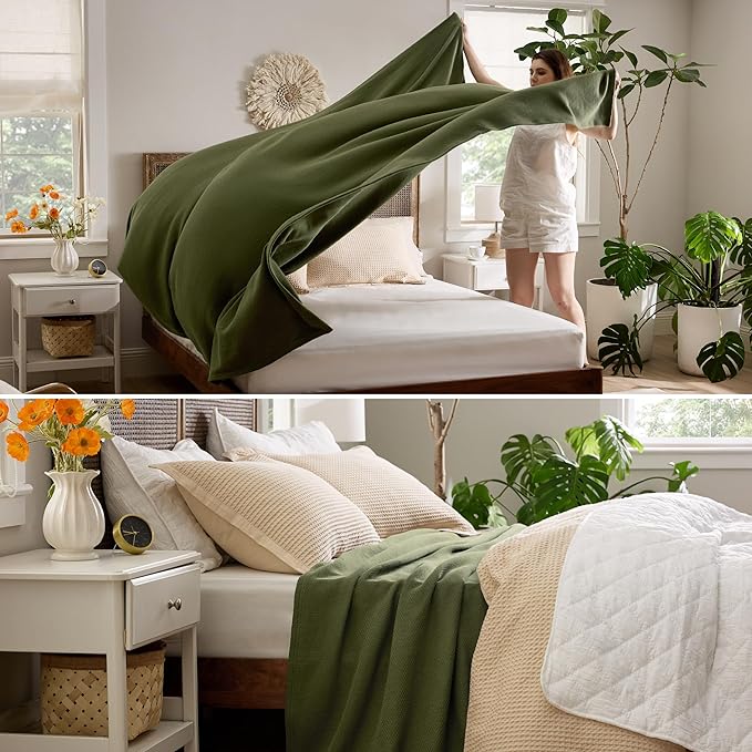 Bedsure 100% Cotton Large Blanket Oversized King for Bed 120x94 inches - Breathable Soft Cozy Herringbone Woven Blanket for Summer Spring, Couch Cover, Olive Green