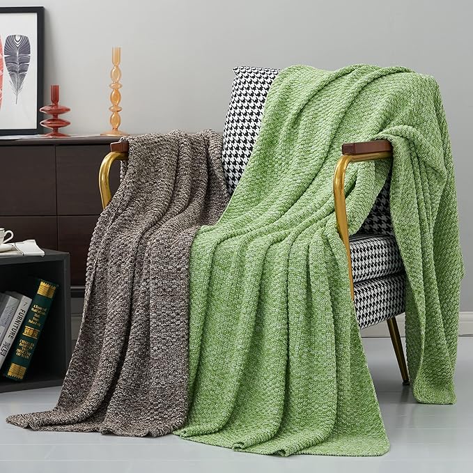 Longhui bedding Grass Green Knitted Throw Blanket for Couch - Soft, Cozy Machine Washable 100% Cotton Sofa Knit Blankets, Heavy 3.0lb Weight, 51 x 63 Inches,Grass Green and White Color.