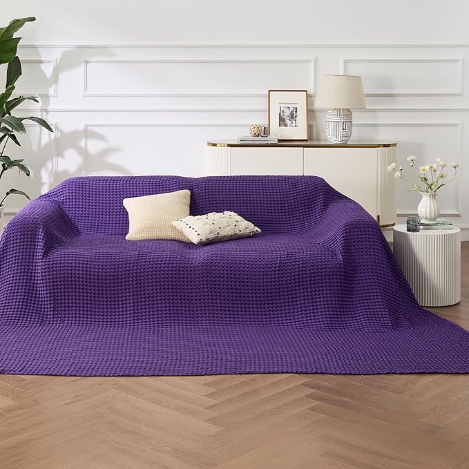 Bedsure Cooling Cotton Waffle Oversized King Blanket - Lightweight Breathable Rayon Derived from Bamboo for Hot Sleepers, Luxury Throws for Bed and Sofa, Purple, 120x96 Inches