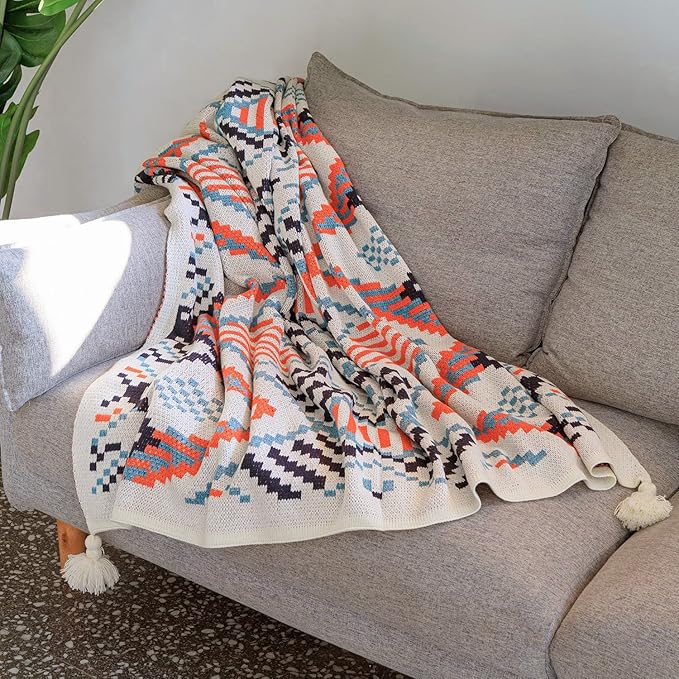 Blue Throw Blanket, Knitted Boho Throw Blankets with Tassels, Soft Colorful Throw Blanket for Sofa Couch Bed and Living Room, Blue&Orange (50x60 Inch)