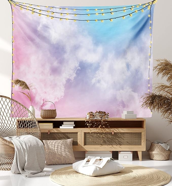 Ambesonne Pastel Tapestry, Fantasy Sky Abstraction Smoky Clouds Foggy Ethereal Composition, Fabric Wall Hanging Decor for Bedroom Living Room Dorm, 23" X 28", Pink Blue