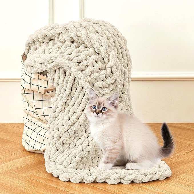 Admitrack Chunky Knit Blanket Throw, 100% Hand Knit Chenille Throw Blanket for Sofa & Home Decor, Soft and Cozy Knitted Throw Blankets (Ivory, 60""x80""), XNR09