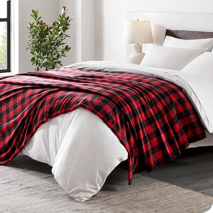 Bare Home Fleece Microplush Blanket - Extra Long - Lightweight Throw for Bed, Sofa, Couch, Movie Night, Camping, and Travel - Ultra Soft Warm Blanket (Twin/Twin XL, Chester Buffalo Plaid - Red/Black)