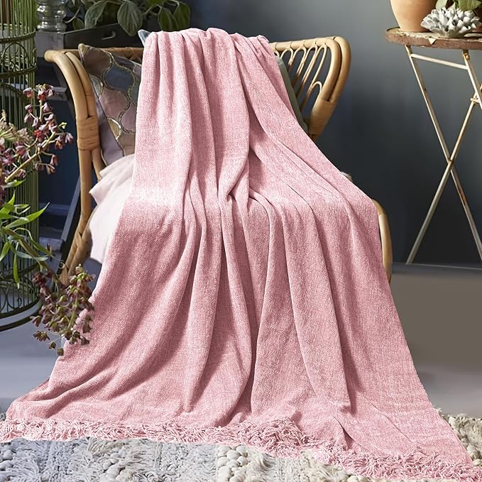Chenille Throw Blanket for Couch 50"X 60", Soft Cozy Throws with Fringe Tassel for Bed Sofa Chair, Lightweight Knitted Decorative Farmhouse Boho Blankets for Gift, Dusty Pink