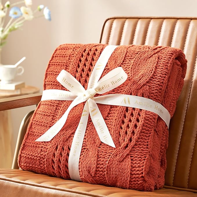 Amélie Home Chunky Knit Chenille Throw Blanket, Breathable Cable Knitted Blanket for Couch, Farmhouse Decorative Throw for Sofa Chair Bed, 50"x60", Burnt Orange