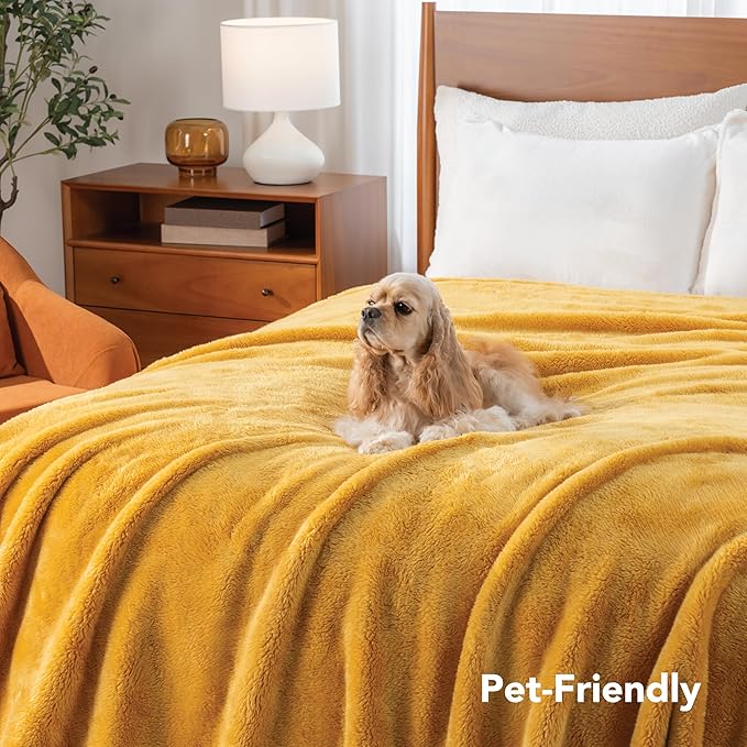 Berkshire Blanket Classic Extra-Fluffy™ Plush Blanket King Size, Soft Fuzzy Fluffy Long Hair Blanket for Couch Sofa Bed, Ochre, 90x108 Inches